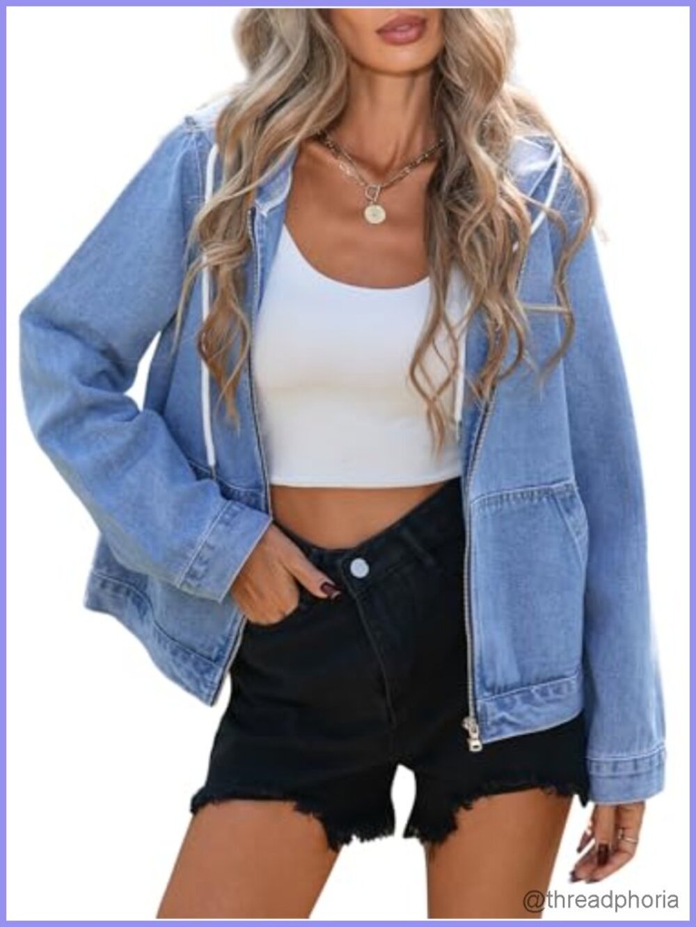 Womens Hoodie Denim Jacket Zip Up Drawstring Boyfriend Jean Coat